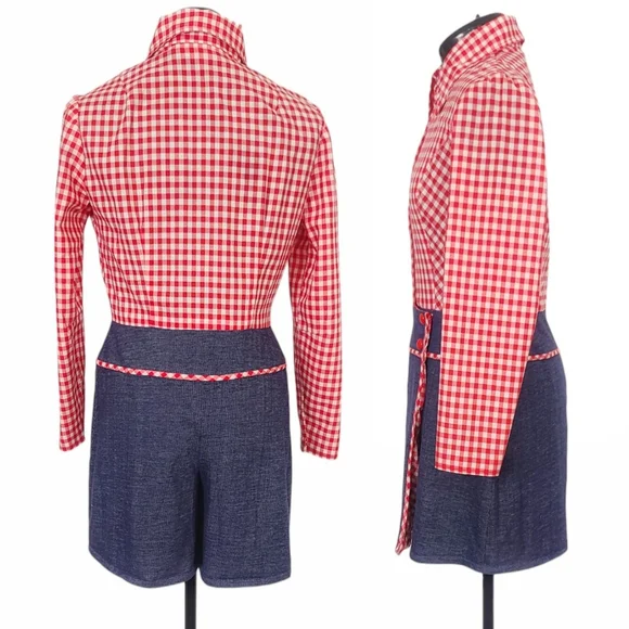 1960s Romper 1970s Jumpsuit Vintage Mini Dress Shorts Red White Blue Gingham - Picture 2 of 7